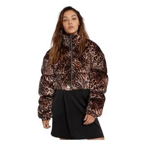 Tiger Mist Reme Leopard Print Puffer Jacket Brown Black Animal Print Cropped S